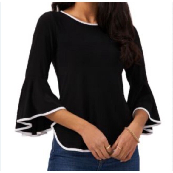 Sam and Jess Black/White Blouse‎ Contrast Trim Bell 3/4 Sleeve Women’s Petite LG - Picture 2 of 11